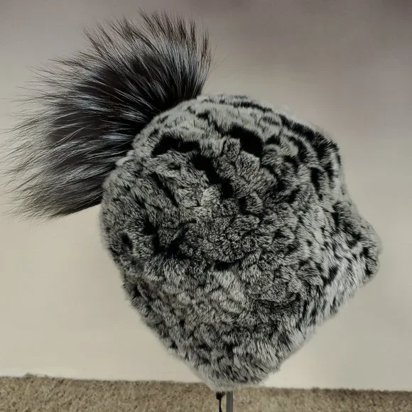 SALE Black Snow Knitted Rex Rabbit Fur Beanie with Fox Pom Rex Rabbit Textile Knit Beanie with Fox Pom – Surell Accessories main image 4